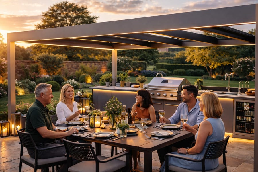 Calista outdoor pergola kitchen with people