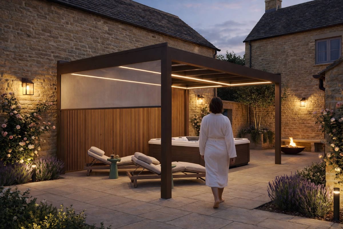 Calista pergola covering a hot tub and chairs in a garden