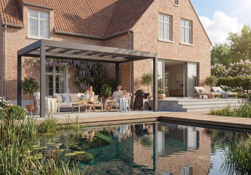 Calista Pergola in a back garden next to a pool